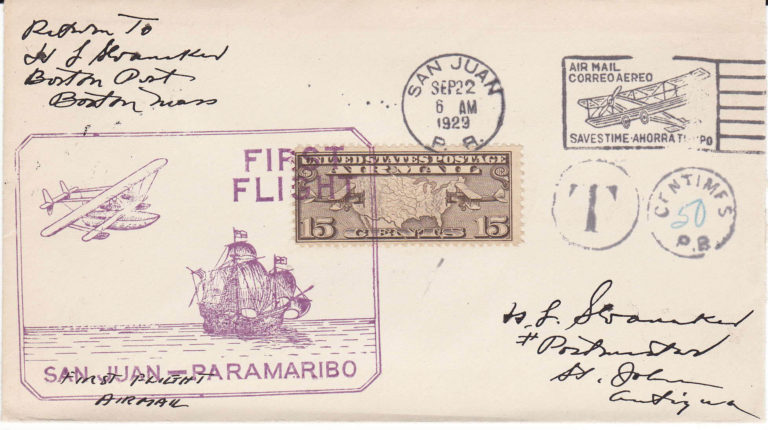 San Juan to St John FLOWN cover marked postage due