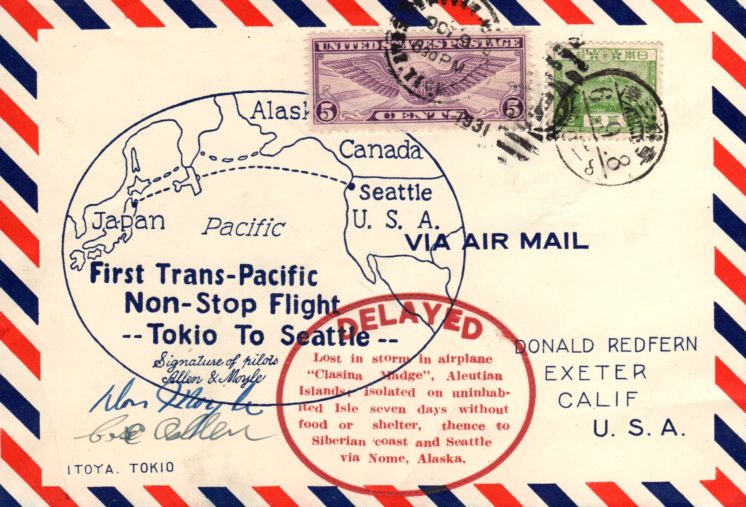 First Trans-Pacific Tokio to Seattle autographed. Mixed franking