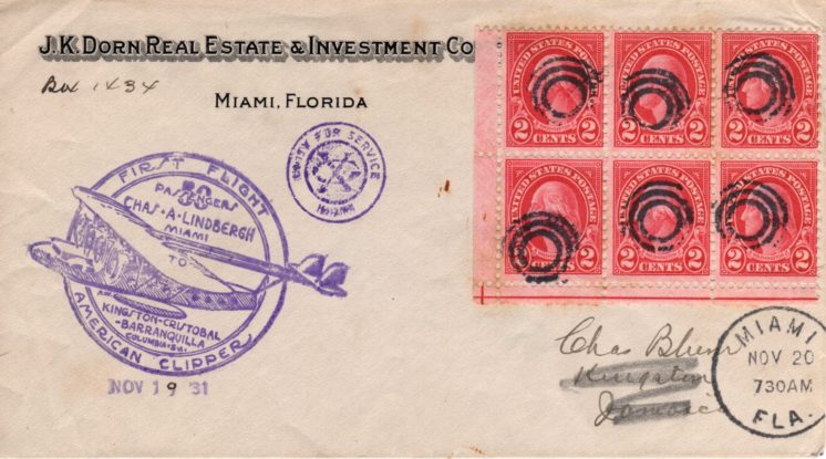 Miami to Kingston (L-81) with commercial corner card. Cachet on reverse