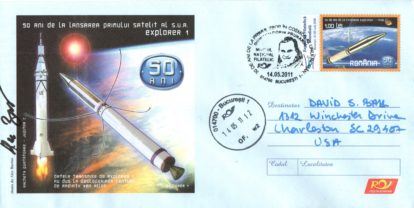 Explorer 1 anniversary Romanian envelope entire AUTOGRAPHED by artist