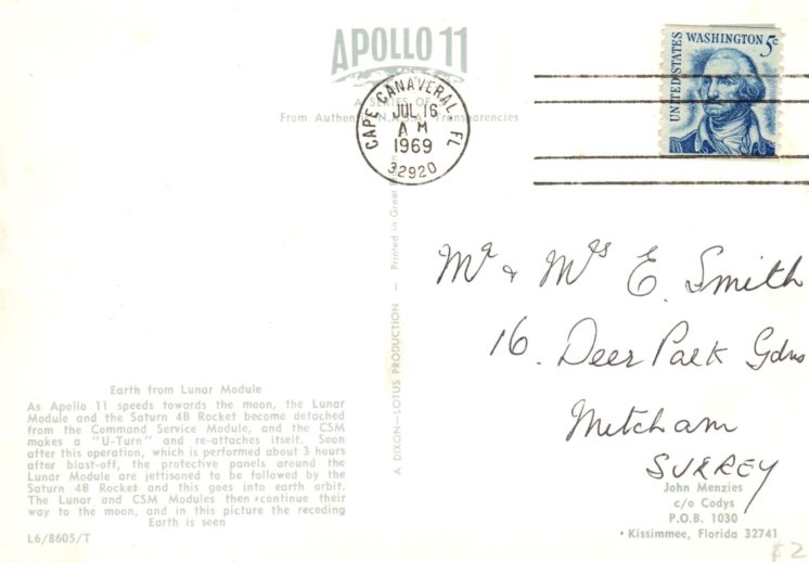 Moon shot 1969 AP-11 postcard addressed to England