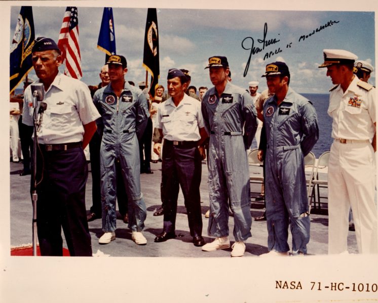 Moonwalker Jim Irwin AUTO. Photograph of AP-15 crew on Prime Recovery Ship