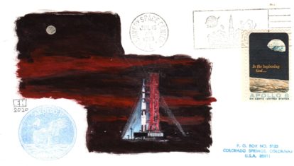 Gorgeous twilight handpainted scene. Postmark with KSC Official on launch of AP-11